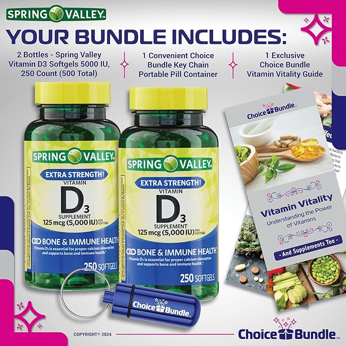 Spring Valley Vitamin D3 Softgels 125 mcg 5000 IU 250 Ct 2 pk (500 Total) + Vitamin Vitality &amp Pill Container (4 Items)!