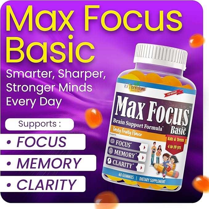Max Focus Gummies for Kids &amp Teens with Omega 3 DHA – Brain Focus Supplement for Kids Memory Attention Concentration &amp Clarity Support – Delicious Orange Flavor – 60 Gummies