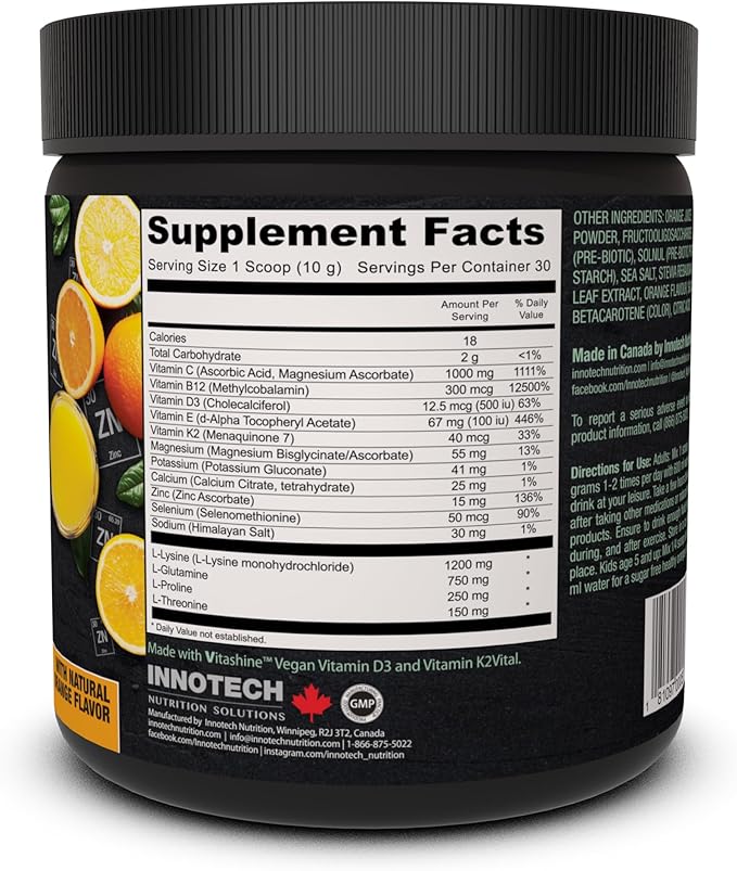 Innotech Nutrition Immune Essentials Immune Support &amp Hydration Zinc Vitamin D3 &amp Vitamin C Healthy Orange 300g