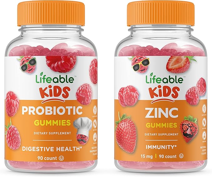 Lifeable Probiotic 2 Billion CFU Kids + Zinc Kids Gummies Bundle - Great Tasting Vitamin Supplement Gluten Free GMO Free Chewable Gummy