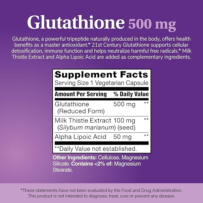21st Century Glutathione 500 mg Plus Milk Thistle Extract &amp Alpha Lipoic Acid Capsules (120 Count) Reduced Form Combats Harmful Radicals Supports Cellular &amp Immune Health Non-GMO Gluten-F