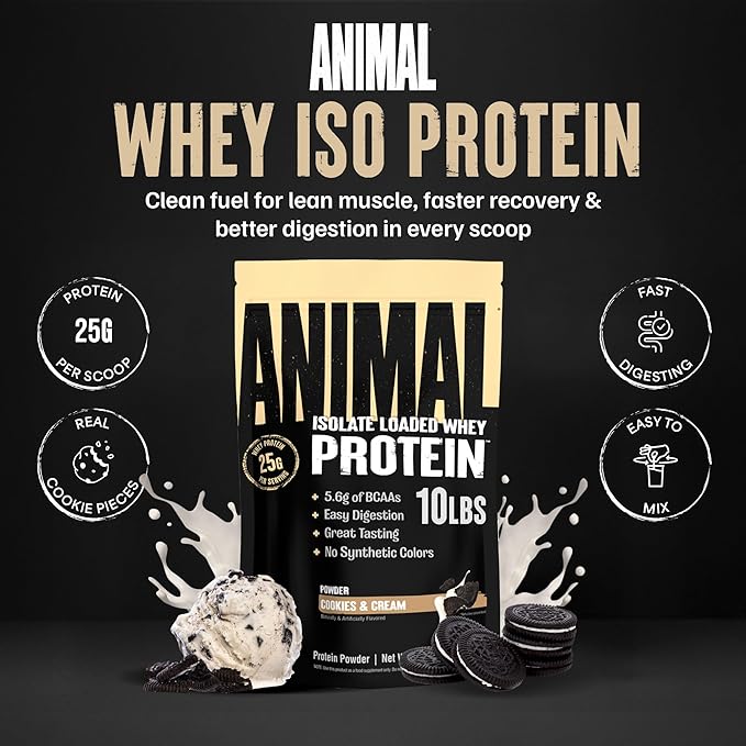 Animal Whey Isolate Protein Powder - Loaded for Pre &amp Post Workout Muscle Builder and Recovery with Digestive Enzymes for Men &amp Women - 25g Protein Great Taste Low Sugar - Cookies &amp Crea