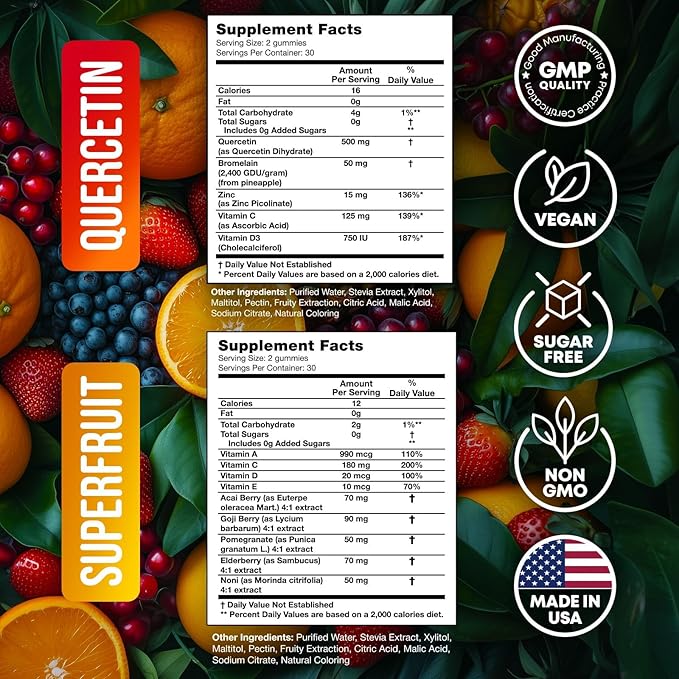 Joyli Quercetin &amp Superfruit Gummies Bundle – Immune &amp Antioxidant Support – Vegan Multivitamin Formula with Vitamins A C D E Zinc Goji &amp Elderberry – 2 Pack for Adults