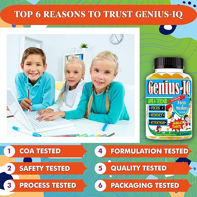 Genius IQ Kids Brain Supplements for Memory and Focus Omega 3-6-9 EPA DHA Gummy Vitamins Brain Booster Calm GummiesSupports Concentration Clarity Attention and Mood 60 Gummies