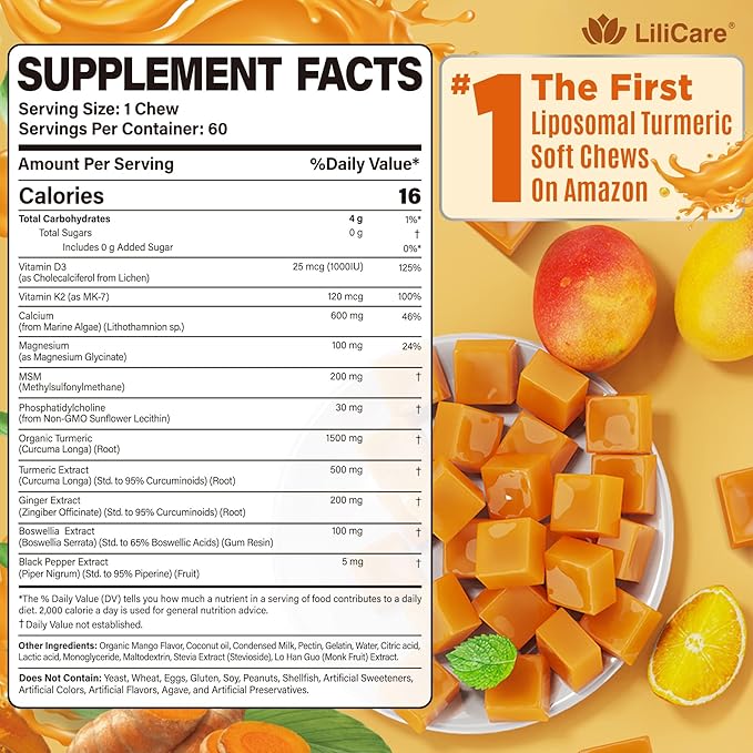 Liposomal Turmeric Curcumin 2000mg + Calcium 600mg &amp Vitamin D3 K2 Sugar Free Turmeric and Ginger Supplement Chews Gummies with Black Pepper Supports Healthy Response - 95% Curcuminoids Vegan