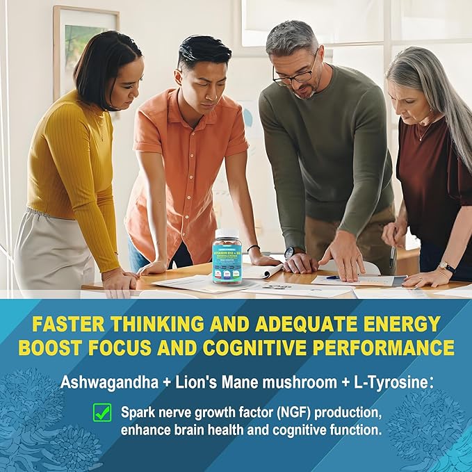 Focus Memory &amp Energy Gummies L-Tyrosine + Methyl B12 1000mcg B6 50mg D3 C Lion's Mane Mushroom for 15+ Students Office Worker Multivitamin Herb Blend for Seniors Brain &amp Cognition 1
