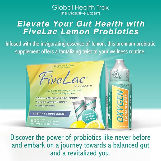 GHT - FiveLac Lemon Probiotic Powder Drink Mix Probiotics for Women Men and Kids + Oxygen Elements Max Liquid Oxygen Drops - 1 Ounce Bottle/Cultivate Healthier Digestion and Cleanse Cells