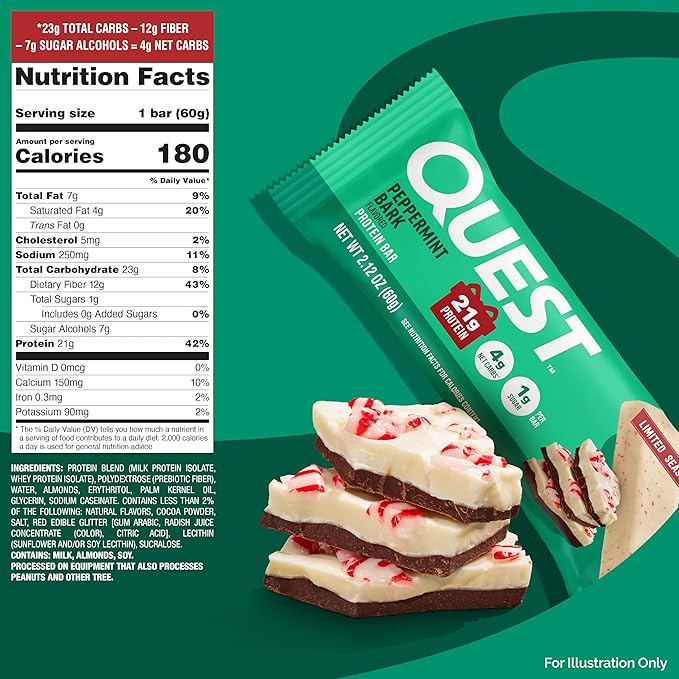 Quest Nutrition Peppermint Bark Protein Bar 21g Protein 4g Net Carb 1g Sugar Gluten Free 12 Count