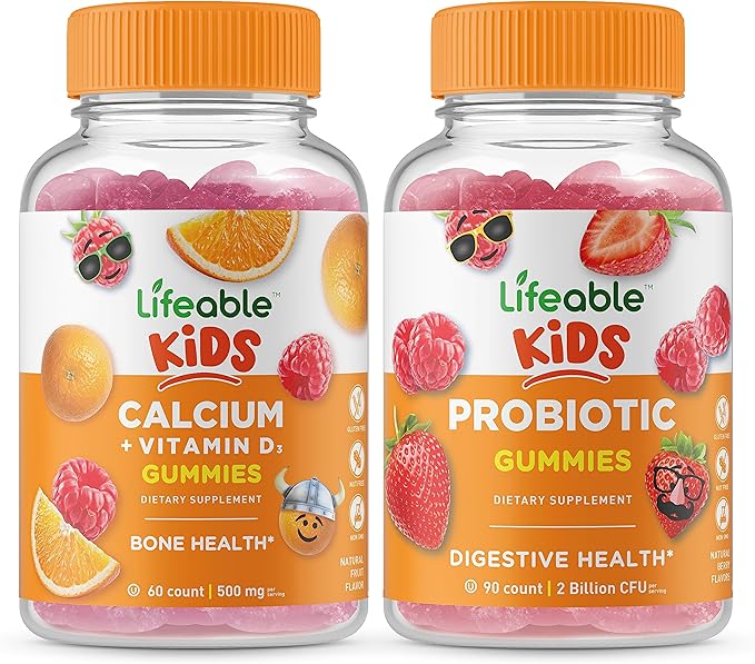 Lifeable Calcium with Vitamin D Kids + Probiotic 2 Billion CFU Kids Gummies Bundle - Great Tasting Vitamin Supplement Gluten Free GMO Free Chewable Gummy