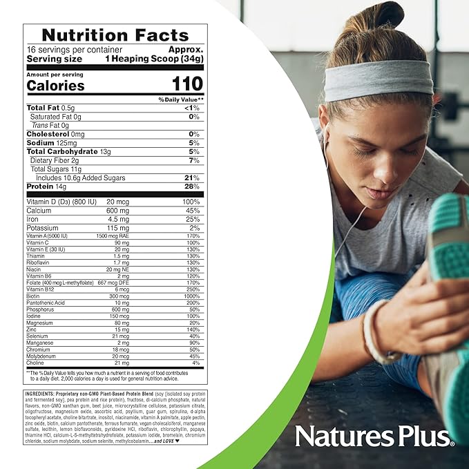 NaturesPlus SPIRU-TEIN Strawberry - 1.2 lb - Plant-Based Protein Shake - Non-GMO Vegetarian Gluten Free - 16 Servings