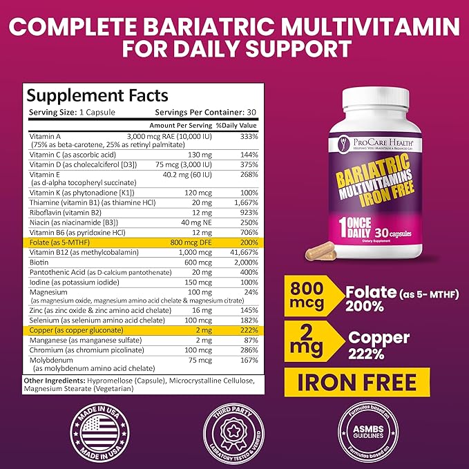 Procare Health Bariatric Multivitamin with Iron Free (30 Fast Dissolving Veggie Capsule) - Bariatric Vitamins for Gastric Sleeve &amp Gastric Bypass Bariatric Multivitamin Without Iron (1 Month Supp