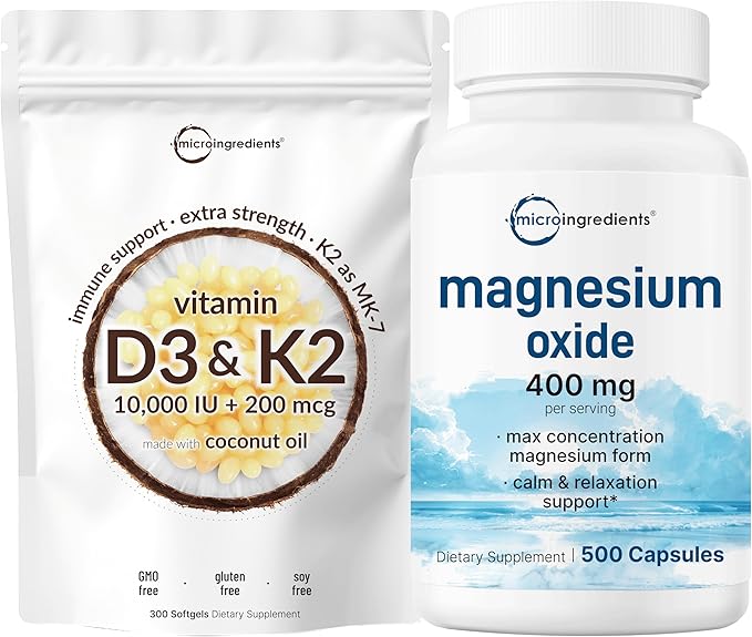 Micro Ingredients Vitamin D3 10000iu + K2 200mcg Coconut Oil Softgels &amp Magnesium Oxide 400mg Bundle Pack | Essential Sunshine Vitamins | Elemental Form for Max Concentration