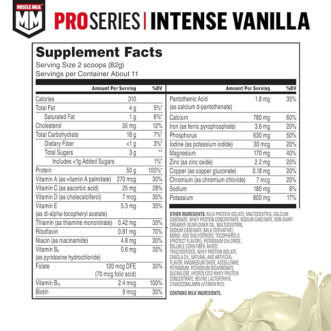 Muscle Milk Pro Series Protein Powder Supplement Intense Vanilla 2 Pound 11 Servings 50g Protein 3g Sugar 20 Vitamins &amp Minerals NSF Certified for Sport Workout Recovery Packaging May Var