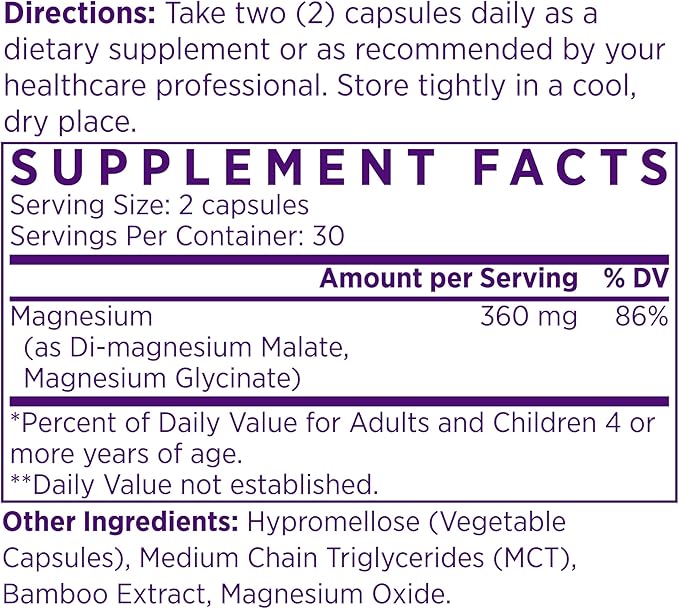 NAOMI Mighty Mg Magnesium Glycinate &amp Malate Complex 360mg High Absorption Formula Elemental Magnesium Supports Heart Health Strong Bones Better Sleep Gluten-Free Non-GMO Vegan 60 Veggie C