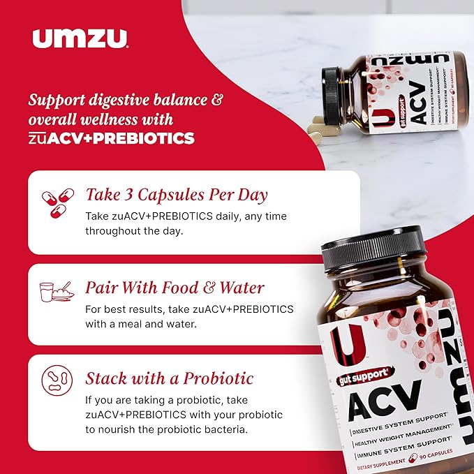 UMZU zuACV Apple Cider Vinegar + Prebiotics Supplement (30 Day Supply) – ACV &amp Inulin Fiber Blend – Gut Health Support with ACV Capsules for Daily Digestive Health &amp Wellness Balance Formula