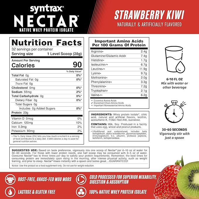 Syntrax Nutrition Nectar 100% Whey Protein Isolate Powder Refreshing Fruit Juice Flavor Strawberry Kiwi 2 lbs