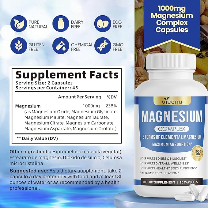 1000mg Magnesium Complex for Women &amp Men* 8 Elemental with Magnesium Glycinate Citrate Malate Taurate Oxide Carbonate Aspartate Orotate for Bones Muscle Recovery Energy Vegan 90 Capsu