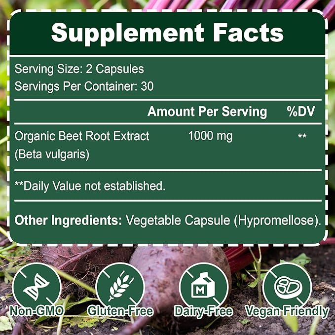 TIKOLUES Beet Root Supplement 1000mg Organic Beetroot Supports Energy &amp Circulation Non-GMO - 60 Capsules