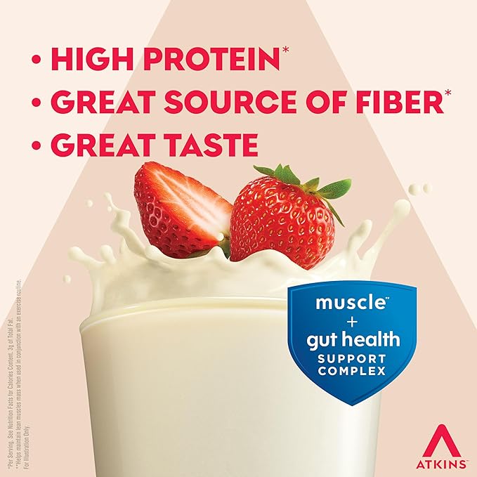 Atkins Strong High Protein Shake Strawberry Flavored 30g Protein 7g Prebiotic Fiber 1g Sugar Muscle and Gut Health Support GLP-1 Support Low Carb and Low Protein Shake Gluten Free 12 Count