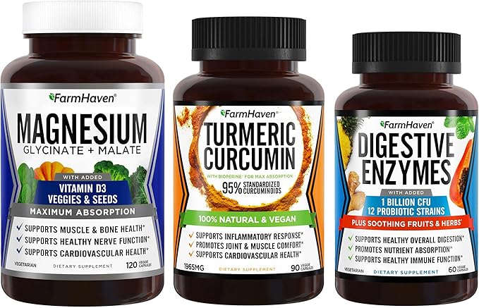 FarmHaven Magnesium Glycinate &amp Malate Complex w/Vitamin D3 &amp Turmeric Curcumin with BioPerine Black Pepper &amp Digestive Enzymes with 18 Probiotics &amp Herbs