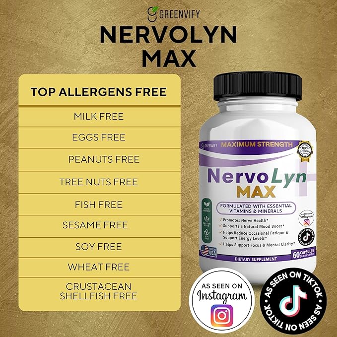 NervoLyn Max Maximum Strength Nerve Support Supplement 60 Capsules with Vitamin B Complex Vegan Gluten Free Non-GMO 30 Day Supply (1)