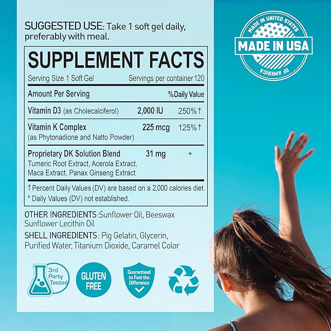 NANOWELL DK Solution 120 Softgels X 2 Bottles (Vitamin D3 + K Complex) - Dietary Supplement for Bone Teeth and Muscle Health Immune Support (240 Count)