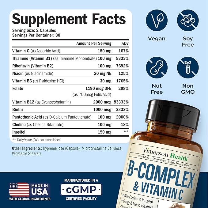 Vitamin B Complex with Vit C &amp Folic Acid (Folate) - 8 High Potency B Vitamins: B1 B2 B3 B5 B6 B7 Vitamin B12 + Biotin Choline &amp Inositol. Aids Mood Energy Nervous System &amp Immune