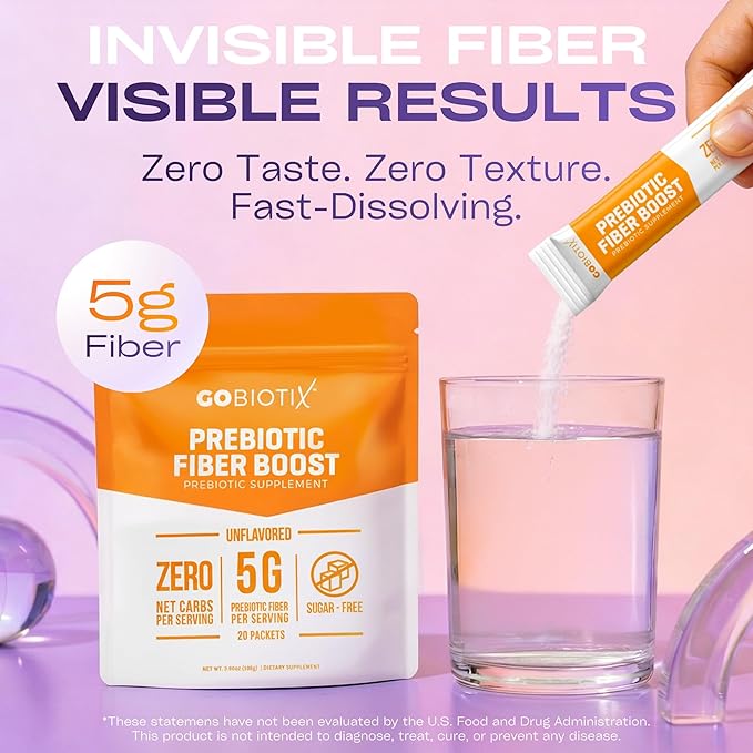 GoBiotix Fiber Supplement Powder with Prebiotics for Digestive Health and GLP-1 Support Soluble Fiber for Gut Health &amp Debloat Keto Vegan Gluten &amp Sugar Free 20 Servings (Travel)