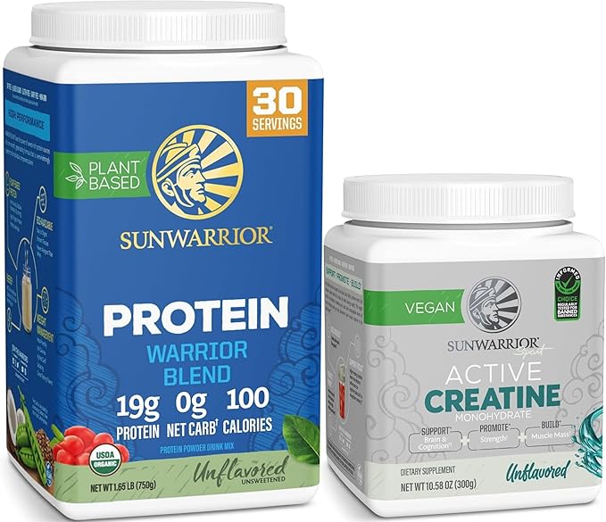 Sunwarrior Unflavored Creatine Powder &amp Organic Plant Based Protein Powder Set | Bundle &amp Save | Creatine Monohydrate Plus Vegan Organic Protein Supplements (60 Servings 30 Servings)