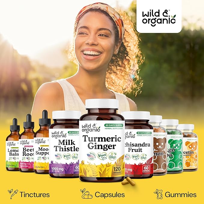 Wild &amp Organic Turmeric and Ginger Supplement Capsules - Mobility &amp Immune Support - Ginger Turmeric Capsules with Black Pepper - 60 Days of Supply - Vegan No Fillers Non-GMO - 120 Count