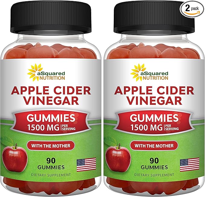 aSquared Nutrition Apple Cider Vinegar Gummies - 1500mg Per Serving - with The Mother - 90 ACV Gummies w/Vitamin B6 &amp B12 Folic Acid - Vegan Gummy Supplement Alternative to Capsules Pills (Pack o