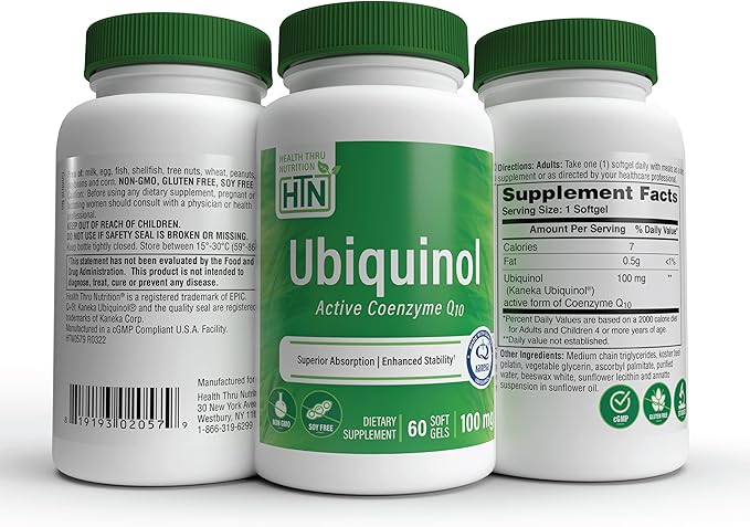 Health Thru Nutrition Ubiquinol 100mg 60 Softgels as Kaneka QH Reduced CoQ-10 | Stabilized - 3rd Party Tested | Enhanced Bioavailability | Cardiovascular &amp Mitochondria Function Support | Non-GMO