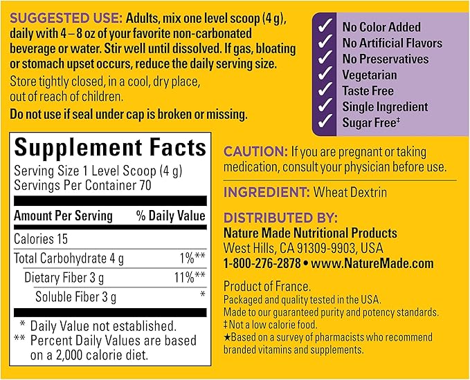 Nature Made Prebiotic Fiber Powder Supplement Taste-Free &amp Sugar-Free Plant Based Vegetarian Prebiotic Fiber Drink Mix for Digestive Support 9.87 oz 70 Day Supply