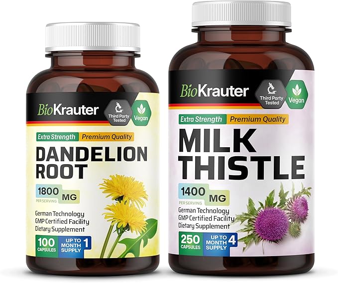 BIO KRAUTER Dandelion Root 100 Capsules &amp Milk Thistle 250 Capsules.