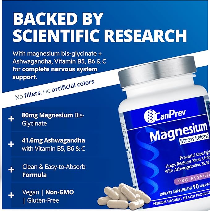 CanPrev Magnesium Bisglycinate with Ashwagandha B5 B6 &amp Vitamin C 90 Veg Caps 30-Day Supply Support Restful Nights &amp Relaxation Helps Energy &amp Immnue Function Vegan Non-GMO Dairy