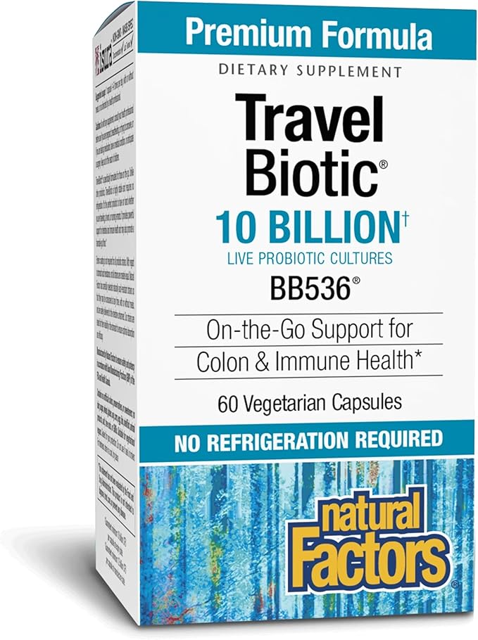 Natural Factors TravelBiotic Supports Colon and Immune Health Shelf Stable Probiotic Supplement 10 Billion CFU Vegan 60 Capsules (60 servings)