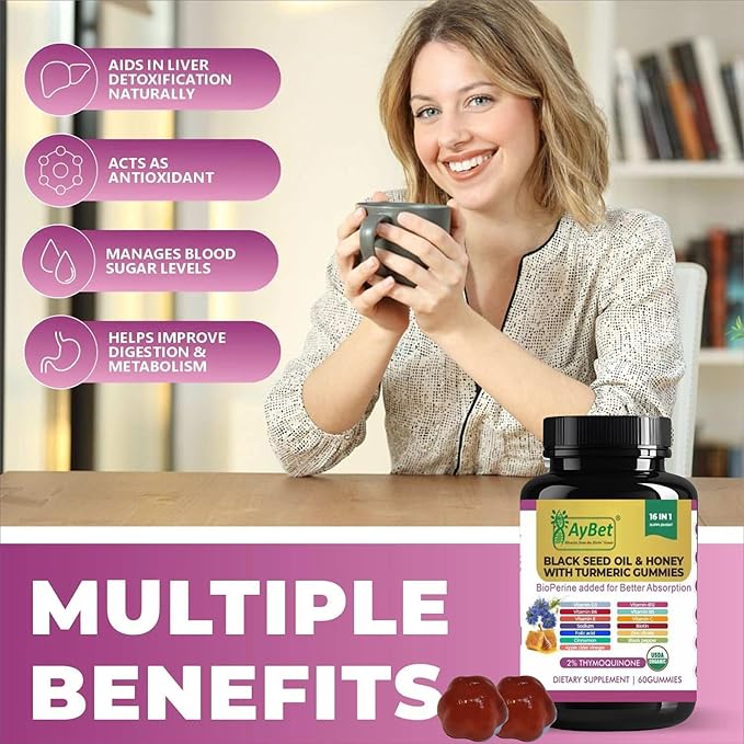 Black Seed Oil &amp Honey Gummies with Turmeric – 16-in-1 Supplement with Vitamins D3 B12 Biotin &amp Zinc –USDA Organic Halal Vegan Non-GMO 2% Thymoquinone 60 Gummies