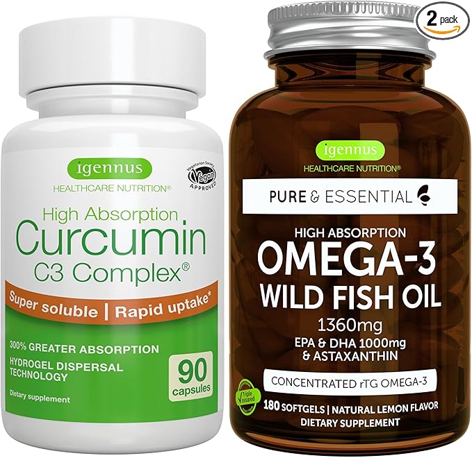 High Absorption Omega-3 Wild Fish Oil 1360mg + High Absorption Curcumin C3 Complex Bundle 1000mg EPA &amp DHA with Astaxanthin + + 300% Greater Absorption Curcuminoids with Rapid Uptake by Igennus