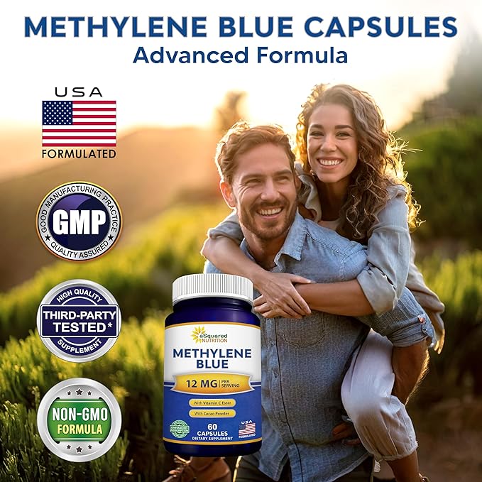 aSquared Nutrition Methylene Blue Capsules - Pharmaceutical Grade Supplement for Humans - 12mg Per Serving USP Grade - w/Vitamin C &amp Cacao Powder - Brain Focus Energy - Alt to Drops &amp Tablet