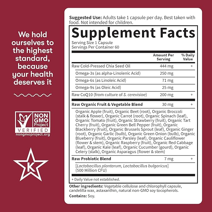 Garden of Life CoQ10 200mg Vegetarian Omega 3 6 9 Supplement Raw Co Q 10 Chia Seed Oil Whole Food Nutrition with Antioxidant Support Coenzyme q10 Supplement for Heart Health 60 Capsules