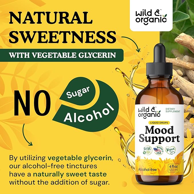 Wild &amp Organic Mood Support Supplement - Natural Liquid Drops for Positive Energy - Calm Mind Supplement for Women and Men - Non-Alcohol Ashwagandha &amp Rhodiola Rosea Root Tincture for Good Moo