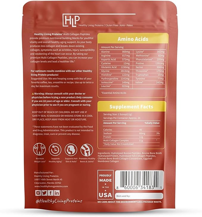 Healthy Living Proteins | Multi Hydrolyzed Collagen Peptides Type I II III V &amp X | Grass Fed Bovine Wild Caught Marine Free Range Chicken | Gluten Free (Unflavored 1 Pound (Pack of 1))