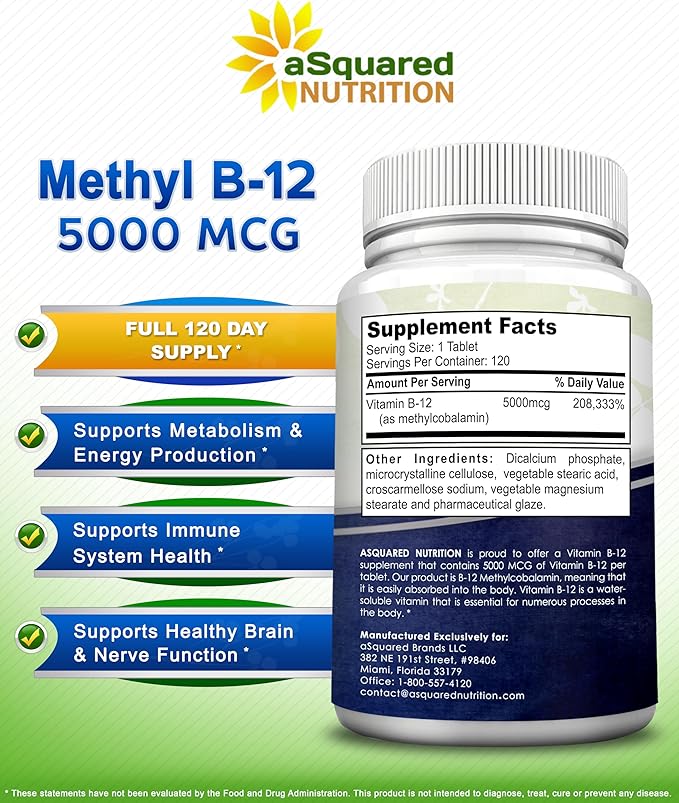 aSquared Nutrition Vitamin B12-5000 MCG Supplement with Methylcobalamin (Methyl B-12) - Max Strength Vitamin B 12 Support to Help Boost Natural Energy Benefit Brain &amp Heart Function - 120 Tablets