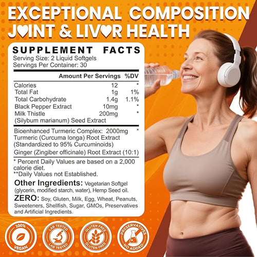 5 in 1 Turmeric Curcumin Softgels 2000mg with Milk Thistle Seed Extract &amp Black Pepper Ginger Root - Immune Liver Support - 95% Curcuminoids - Turmeric and Ginger Supplement Softgel Capsules