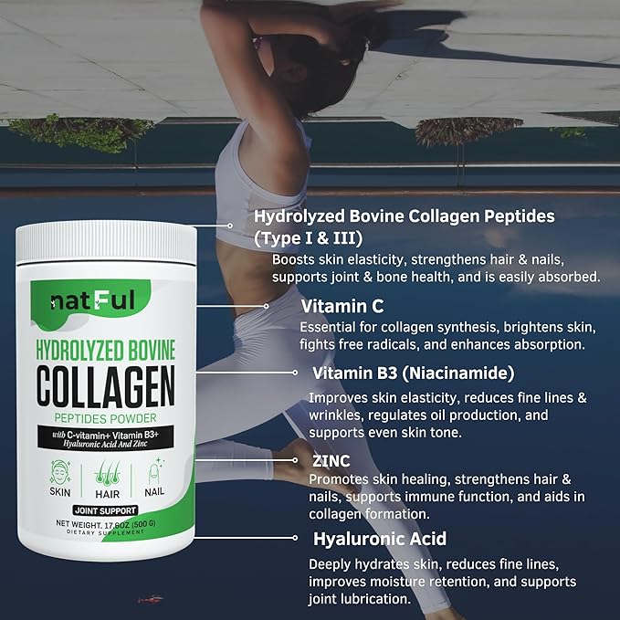 Collagen Peptides Powder – Hydrolyzed Bovine Collagen with Vitamin C Hyaluronic Acid Zinc &amp B3 – Type 1 &amp 3 Unflavored Protein Powder for Women &amp Men Hair Skin Nails Joints 45 Serving