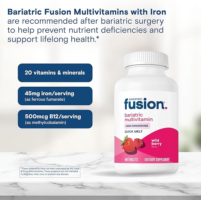 Bariatric Fusion Bariatric Multivitamin with Iron Quick Melt | Sugar Free Vitamins for Gastric Sleeve and Gastric Bypass | Wild Berry Flavor | 60 Fast Dissolving Tablets
