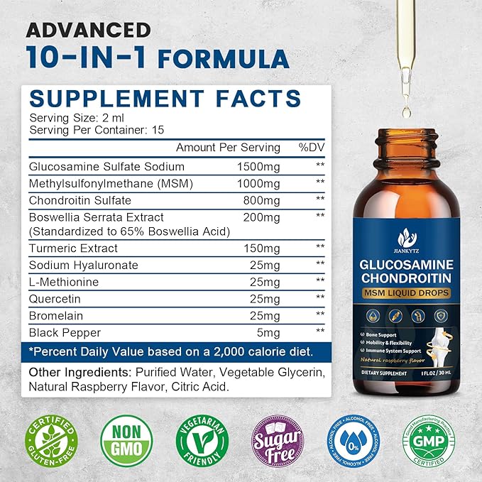 (2 Pack) Glucosamine Chondroitin MSM Liquid Drops High Absorption Antioxidant Immune Bone Support MSM Supplement for Men &amp Women Vegan Sugar-Free Raspberry Flavor 1 Fl Oz