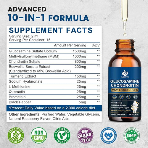 (2 Pack) Glucosamine Chondroitin MSM Liquid Drops High Absorption Antioxidant Immune Bone Support MSM Supplement for Men &amp Women Vegan Sugar-Free Raspberry Flavor 1 Fl Oz