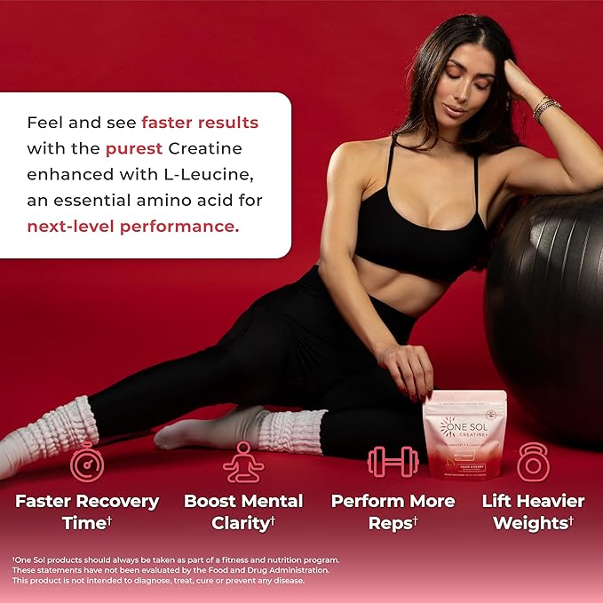 One Sol Creatine for Women All Natural Women’s Creatine Powder w Creapure &amp Leucine Increase Lean Muscle Mass Reduce Recovery Time Promotes Brain &amp Bone Health (Sour Cherry 60 Servings)