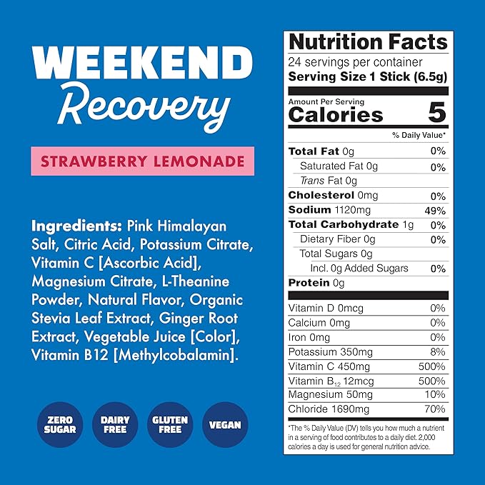 Waterboy Weekend Recovery | 3200mg Electrolyte Powder Packets | Ginger + L-Theanine + Vitamins | No Sugar All Natural Gluten Free | 24 Drink Stick Mixes (Strawberry Lemonade)